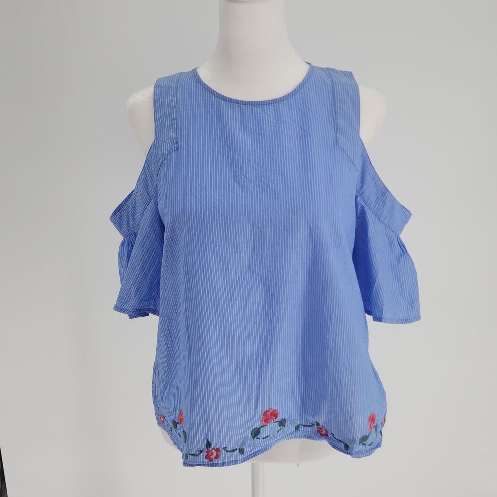Light blue with white pinstripes off the shoulder summer top by EXPRESS (M)